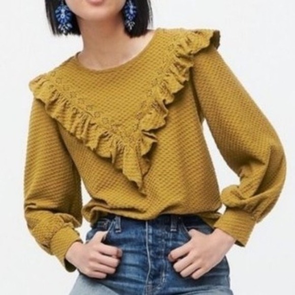 J. Crew Tops - J.Crew Ruffle Trim Honeycomb Knit Olive Gold Green Long Sleeve Blouse